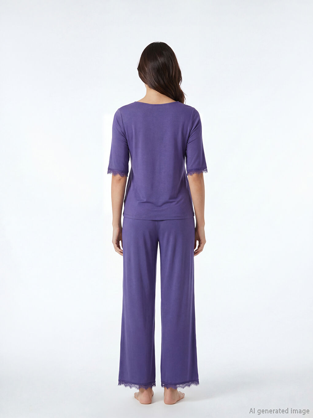 Mor V Yaka Dantel Detaylı Kadın Pijama Takım-3