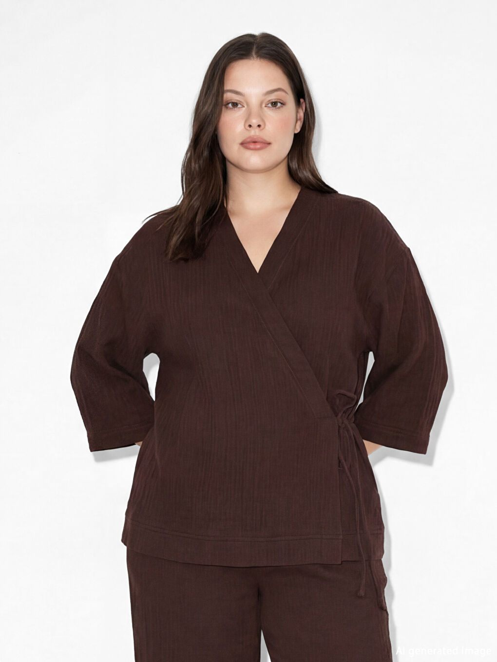 Kahverengi Kruvaze Yaka Dokulu Kadın Kimono-2