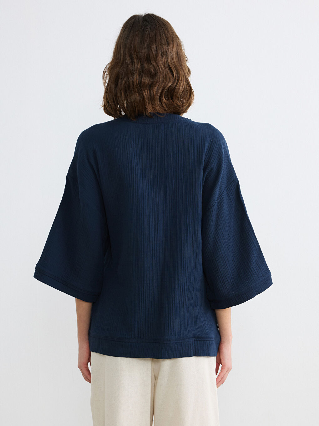 Lacivert Kruvaze Yaka Dokulu Kadın Kimono-3