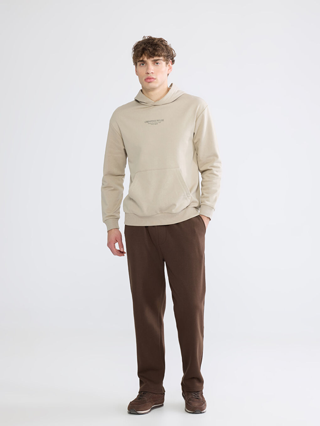 Bej Oversize Baskılı Erkek Sweatshirt-1