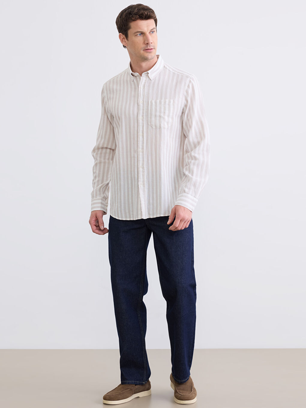 Bej Regular Fit Çizgili Armürlü Erkek Gömlek-1