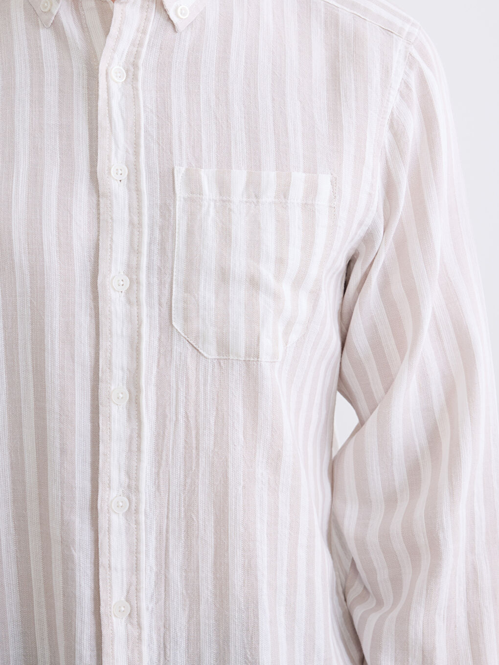 Bej Regular Fit Çizgili Armürlü Erkek Gömlek-2