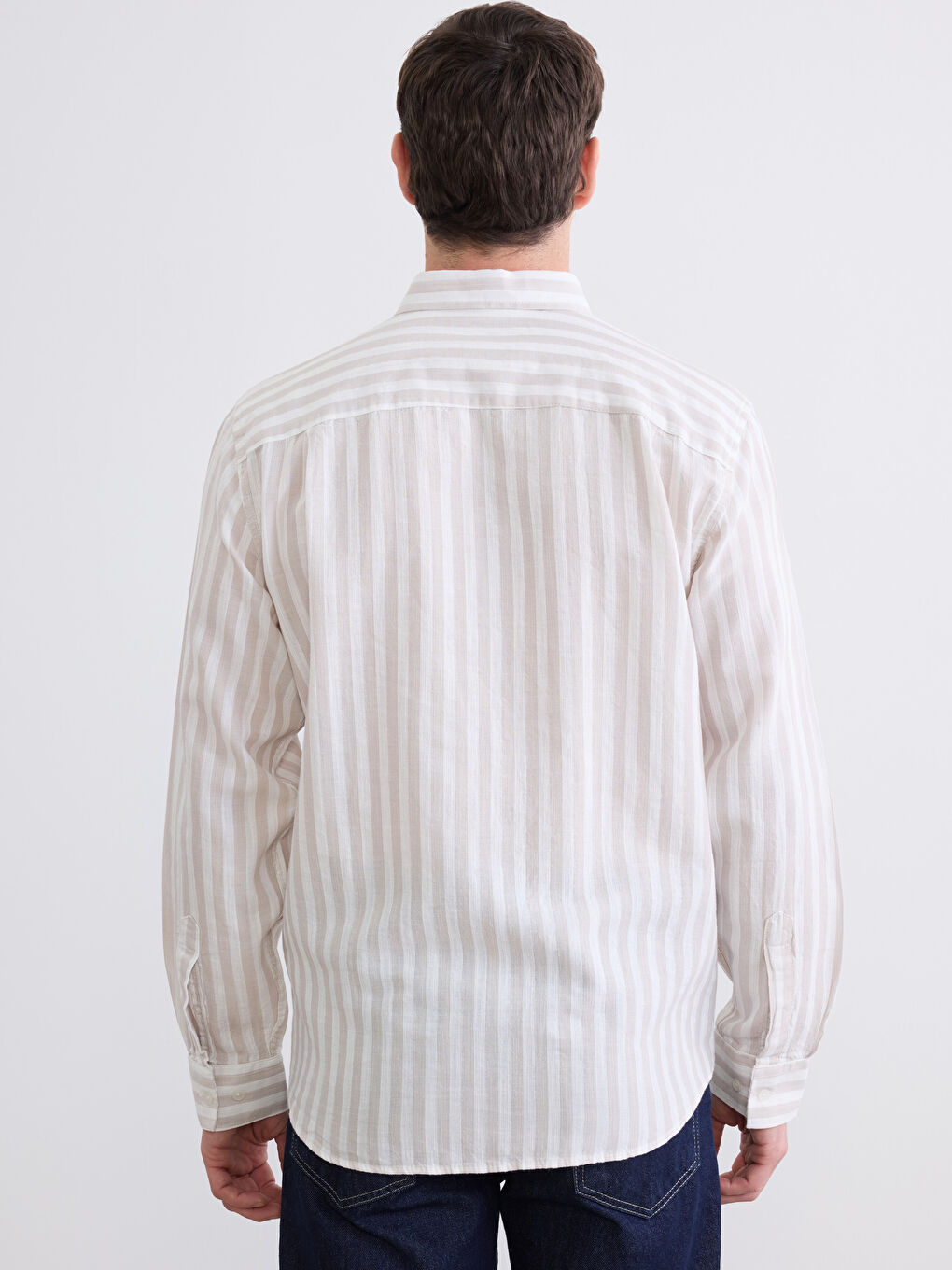Bej Regular Fit Çizgili Armürlü Erkek Gömlek-3