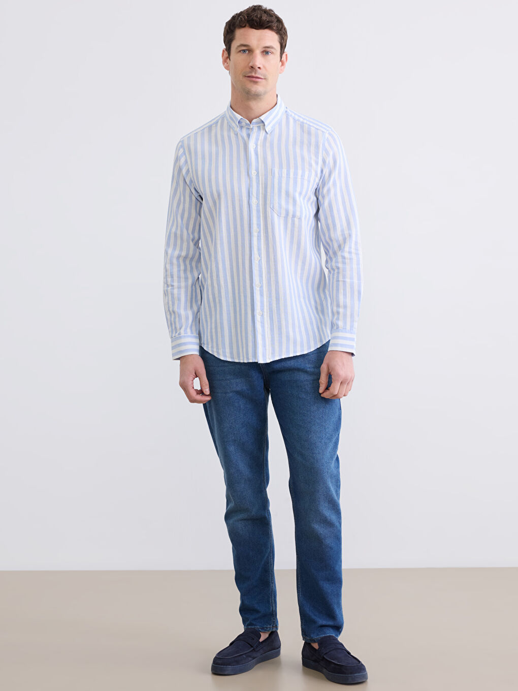 Mavi Regular Fit Çizgili Armürlü Erkek Gömlek-1