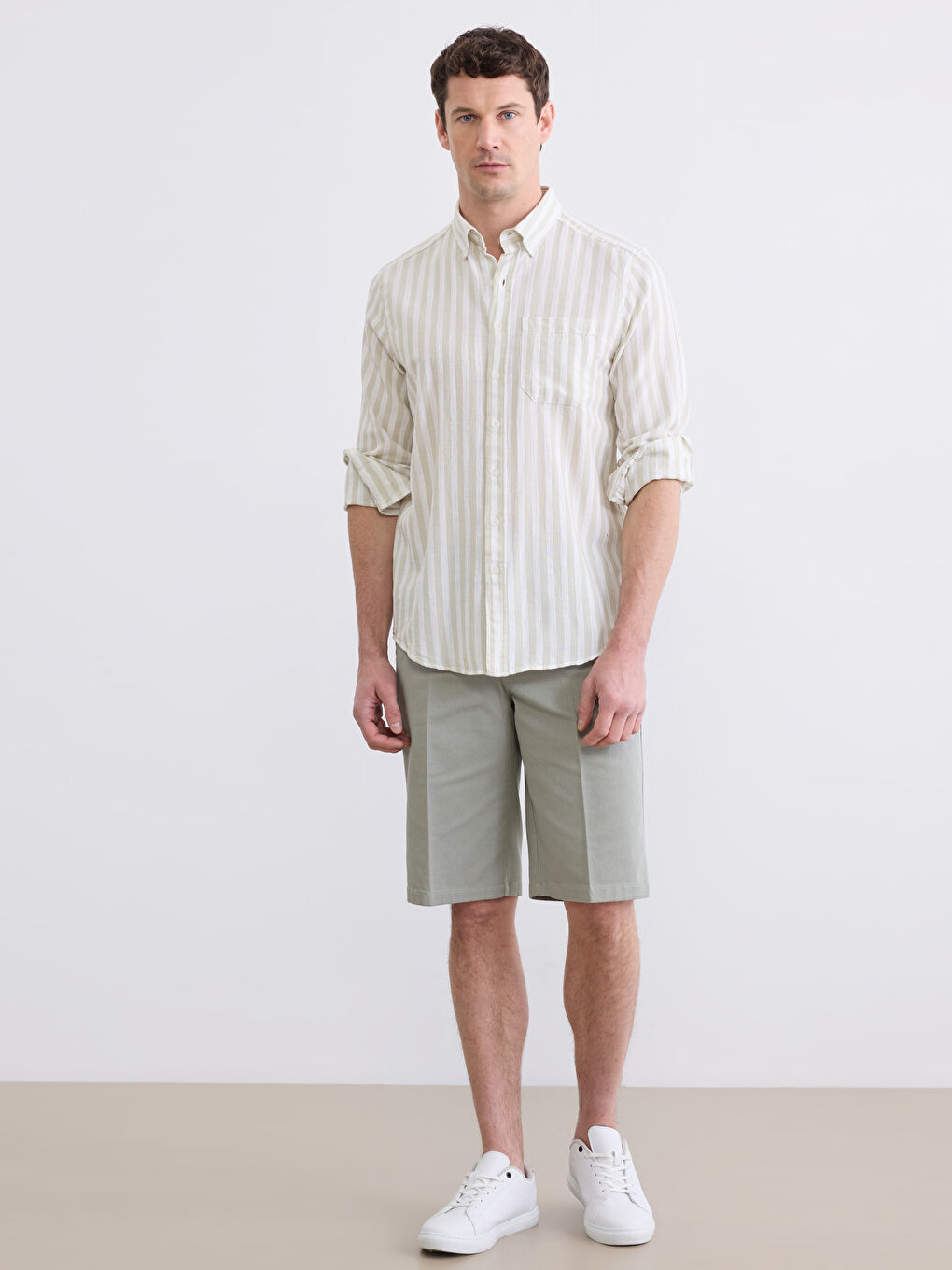 Yeşil Regular Fit Çizgili Armürlü Erkek Gömlek-1