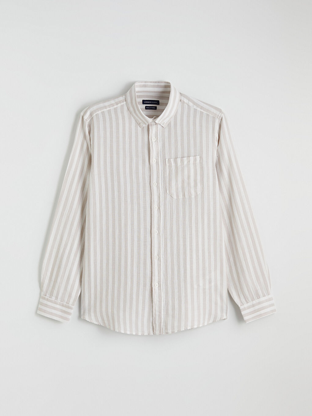 Bej Regular Fit Çizgili Armürlü Erkek Gömlek