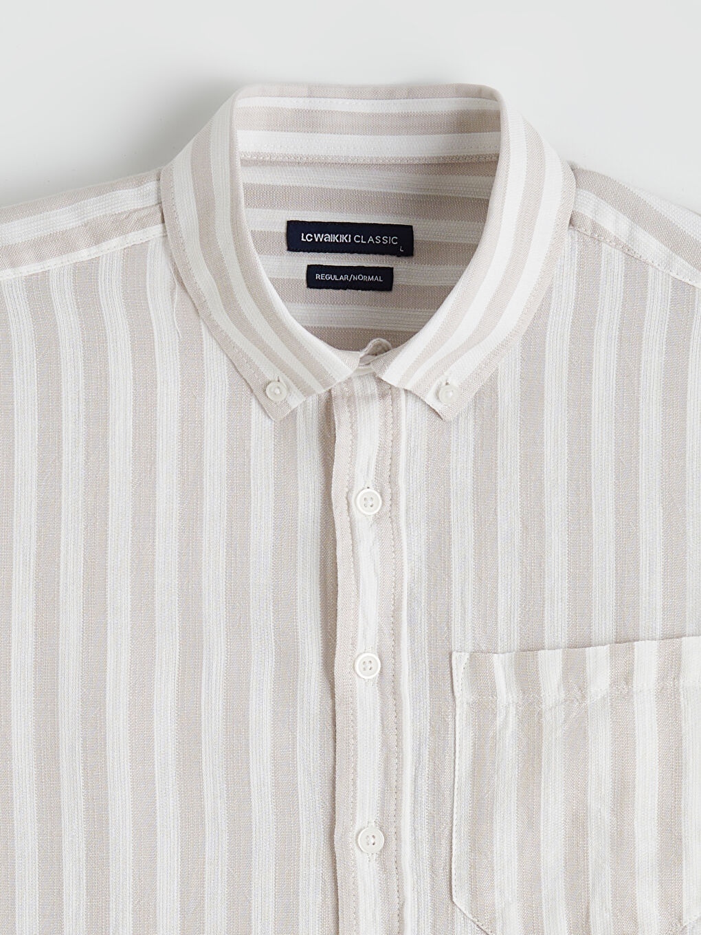 Bej Regular Fit Çizgili Armürlü Erkek Gömlek-1