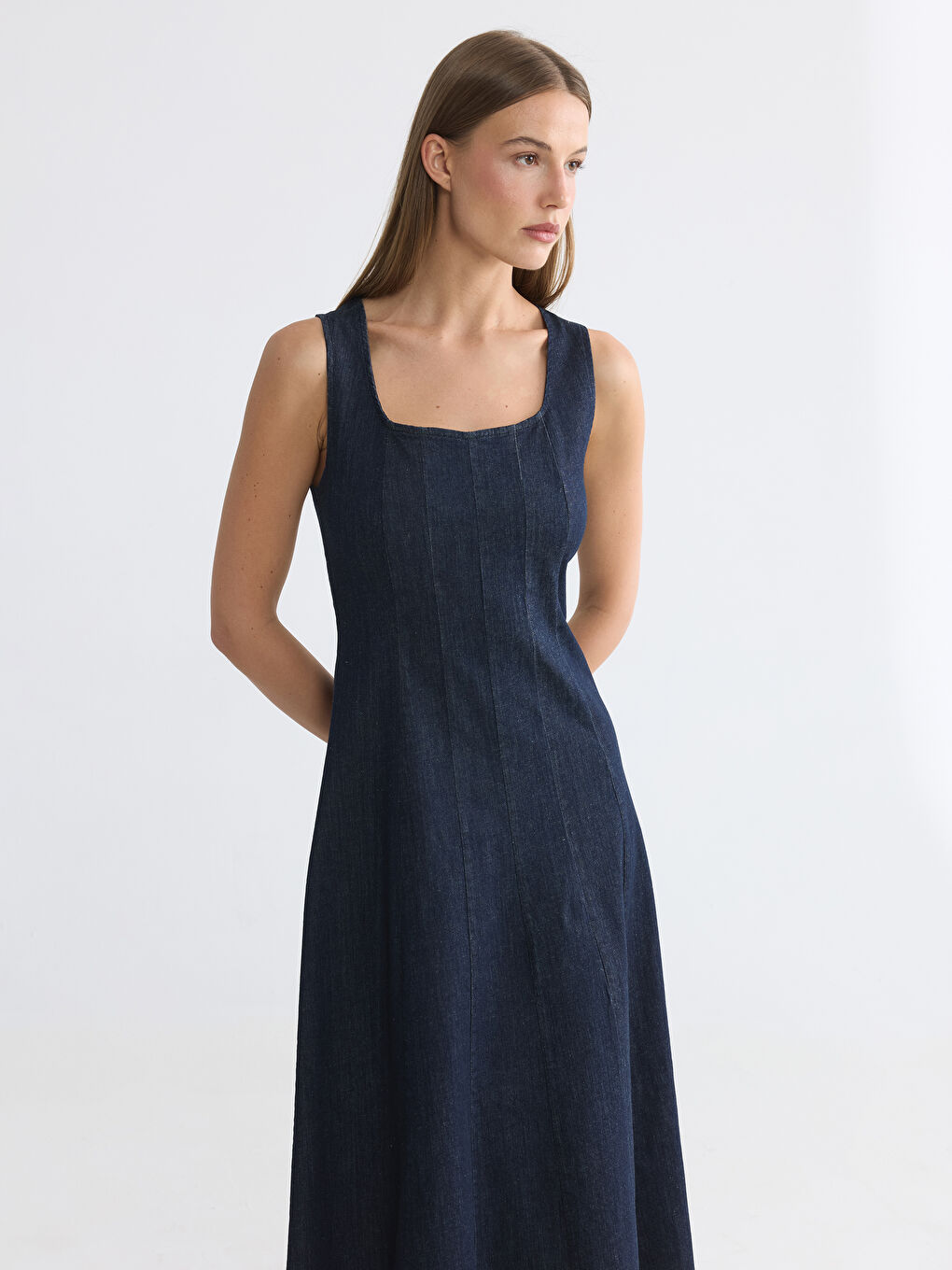 İndigo Kare Yaka A Kesim Jean Elbise