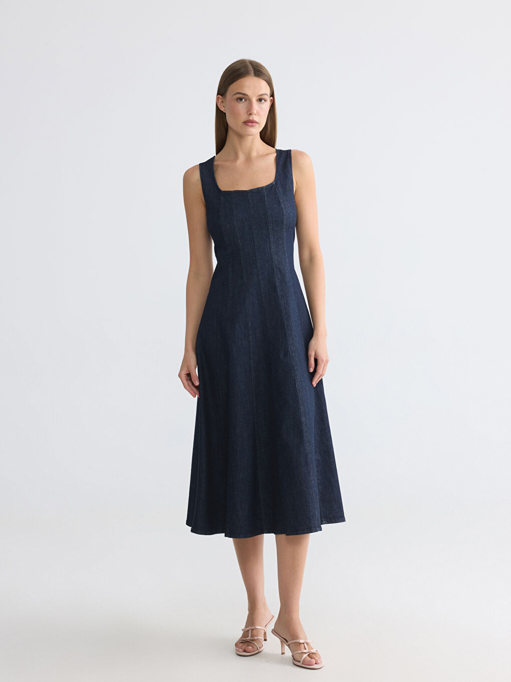 İndigo Kare Yaka A Kesim Jean Elbise-1