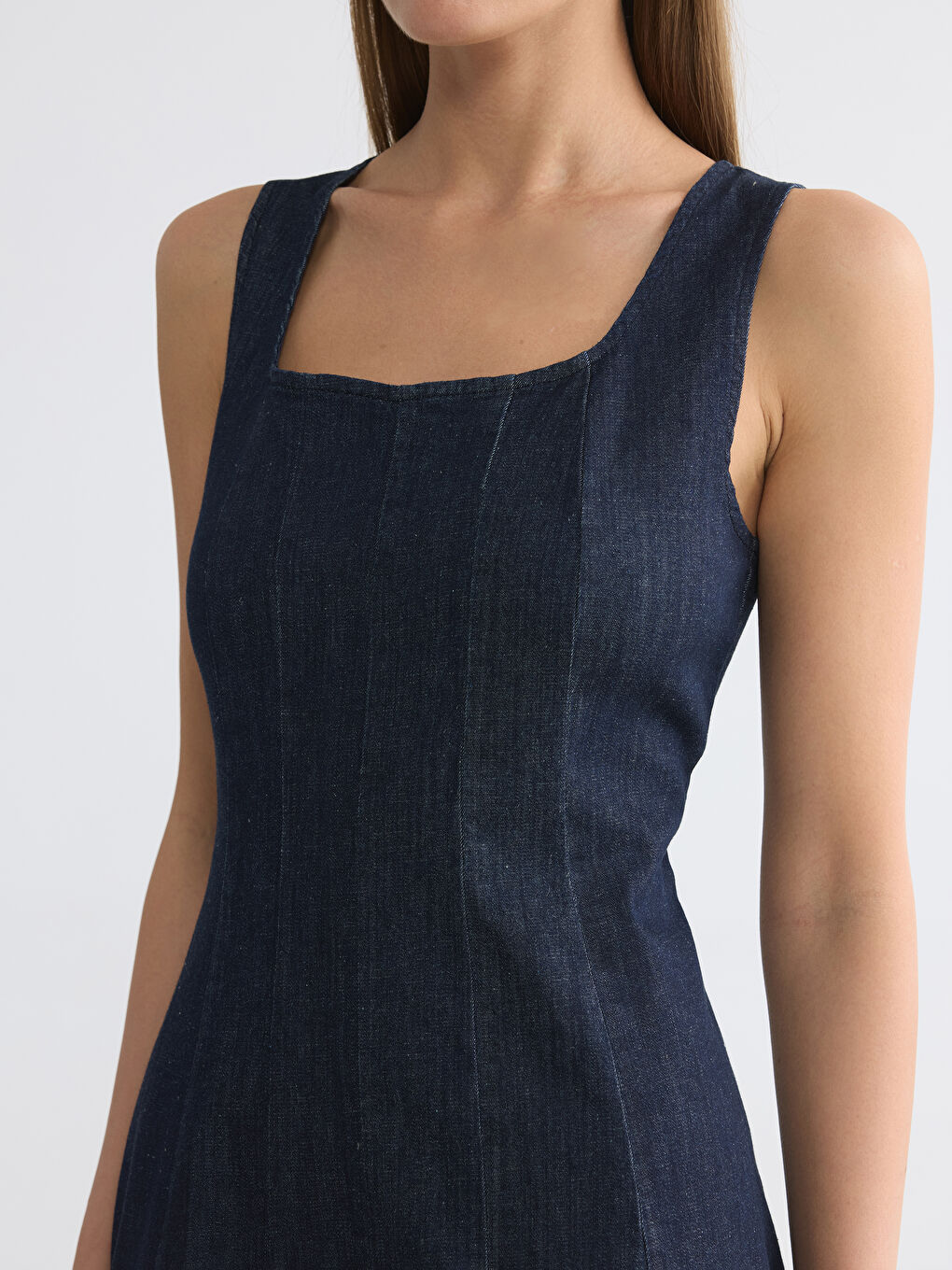 İndigo Kare Yaka A Kesim Jean Elbise-2