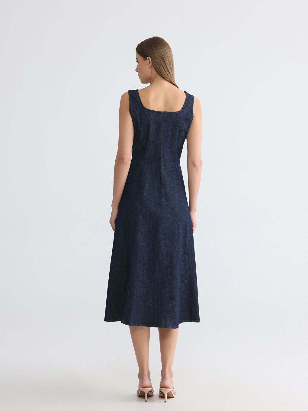 İndigo Kare Yaka A Kesim Jean Elbise-3