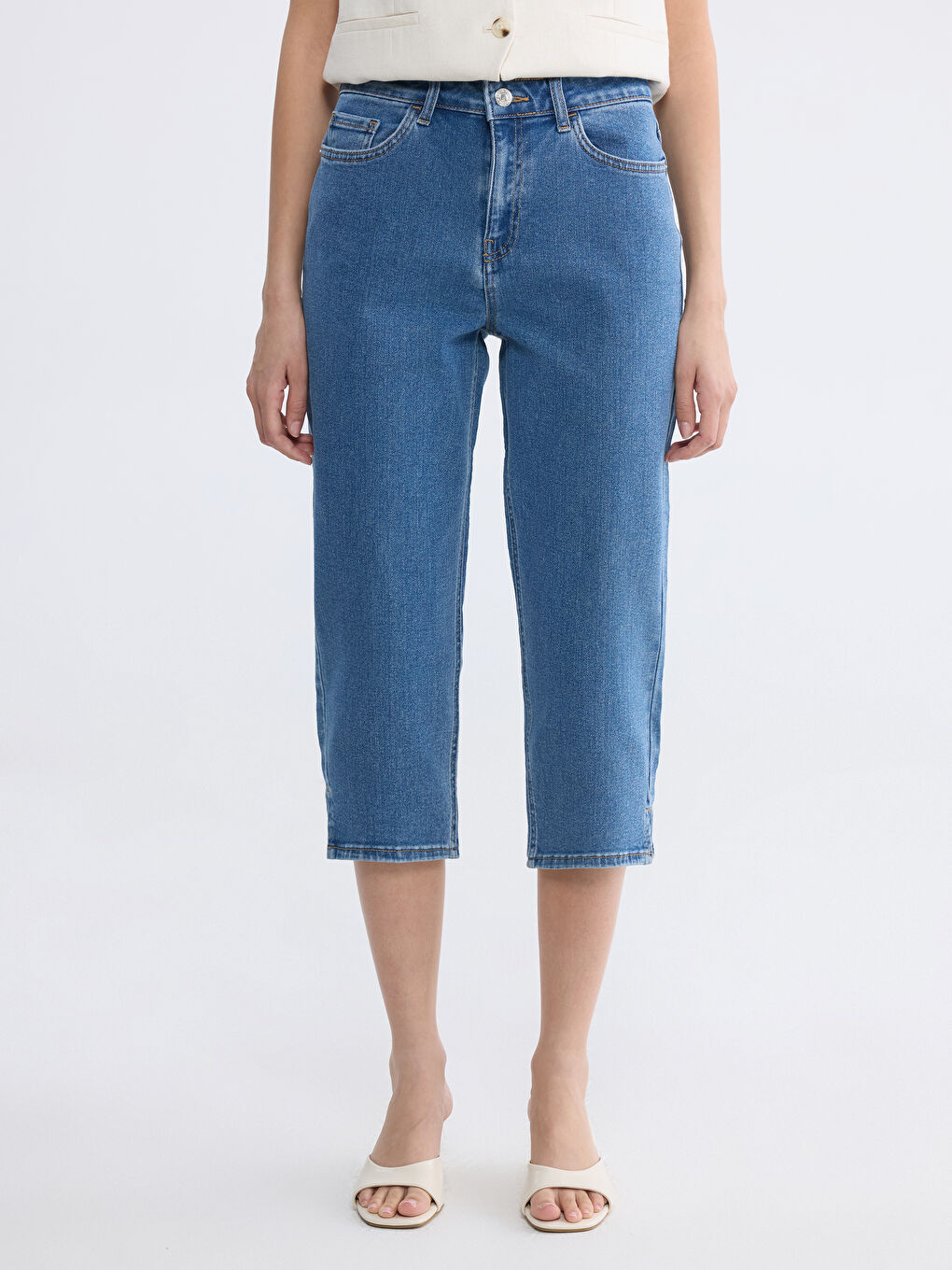 İndigo Yüksek Bel Slim Fit Kadın Jean Kapri-1