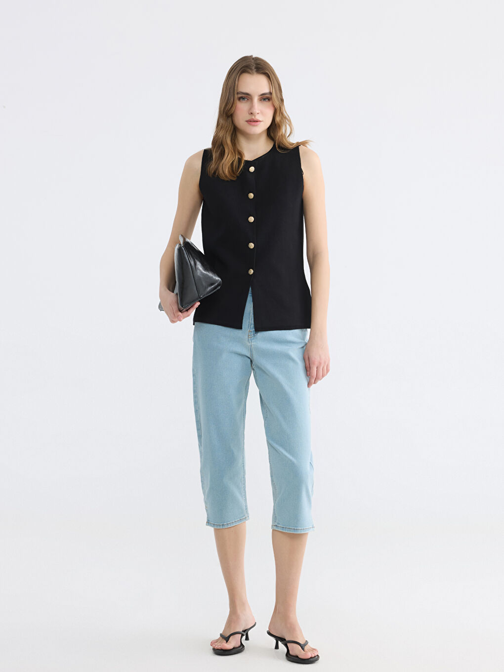 İndigo Yüksek Bel Slim Fit Kadın Jean Kapri