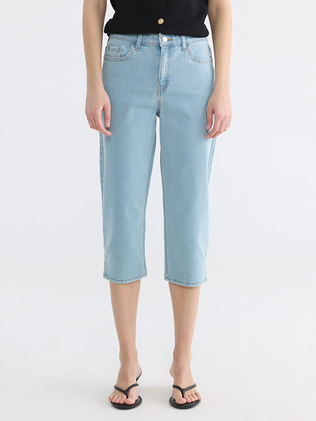 İndigo Yüksek Bel Slim Fit Kadın Jean Kapri-1