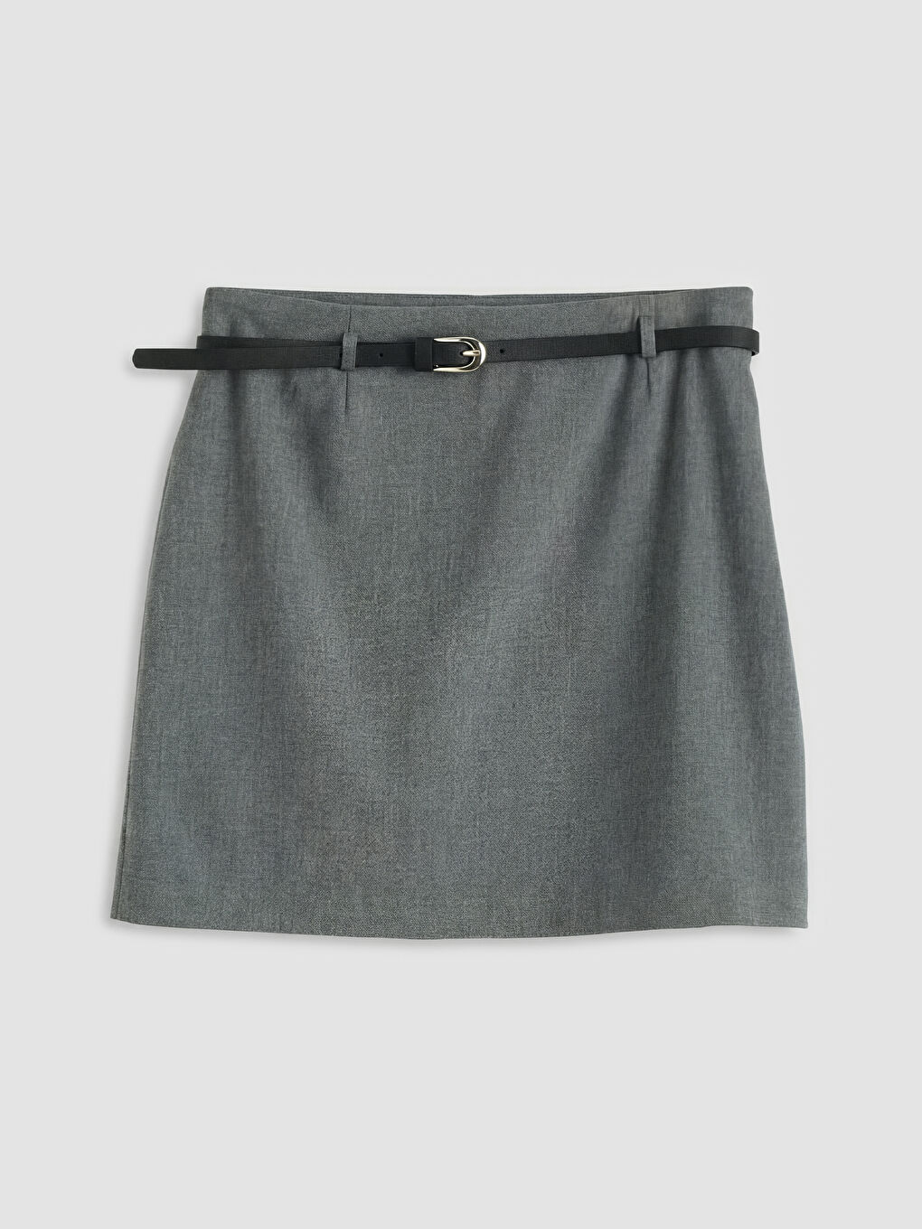 Gri Beli Kemerli Mini Etek	