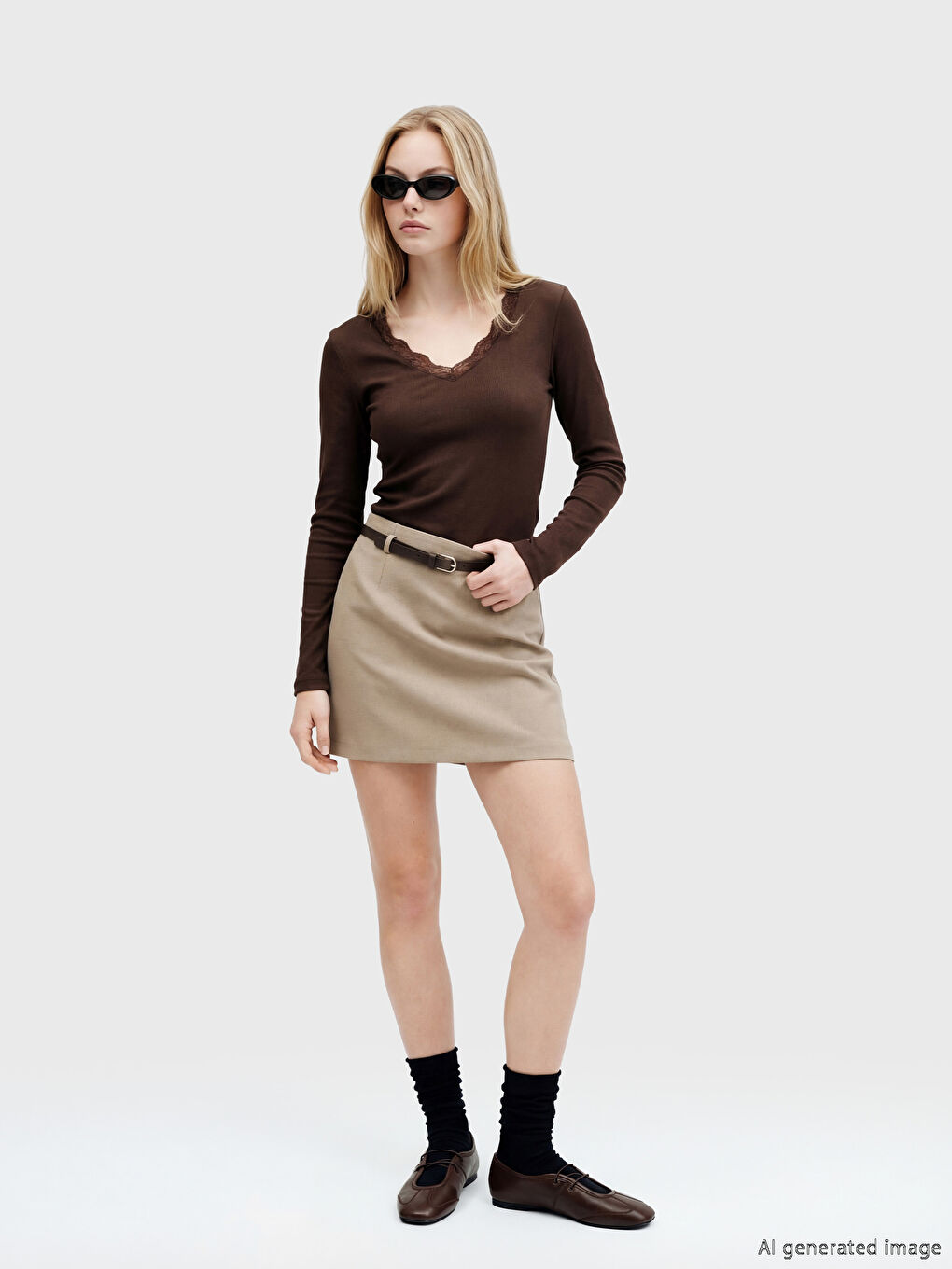 Kahverengi Beli Kemerli Mini Etek	-1