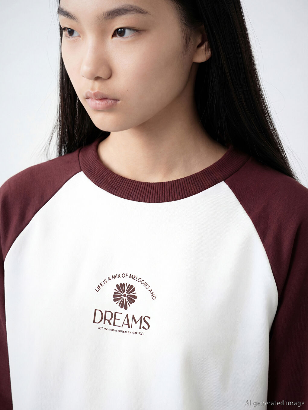 Ekru Bisiklet Yaka Baskılı Kadın Sweatshirt-2