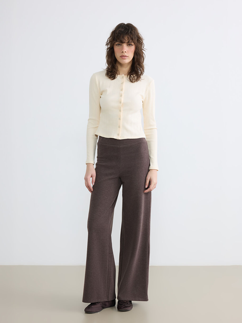 Kahverengi Beli Lastikli Geniş Paça Kadın Pantolon