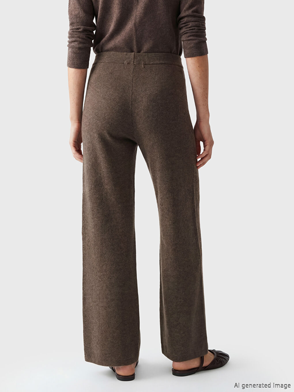 Kahverengi Beli Lastikli Geniş Paça Kadın Pantolon	-3