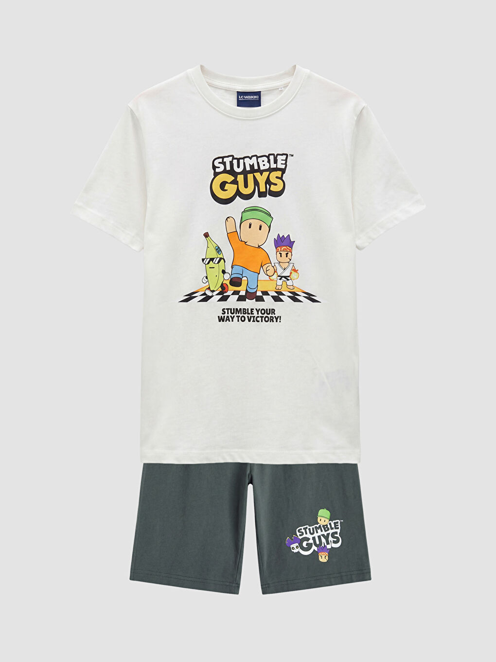 Ekru Stumble Guys Baskılı Erkek Çocuk Şortlu Pijama Takımı