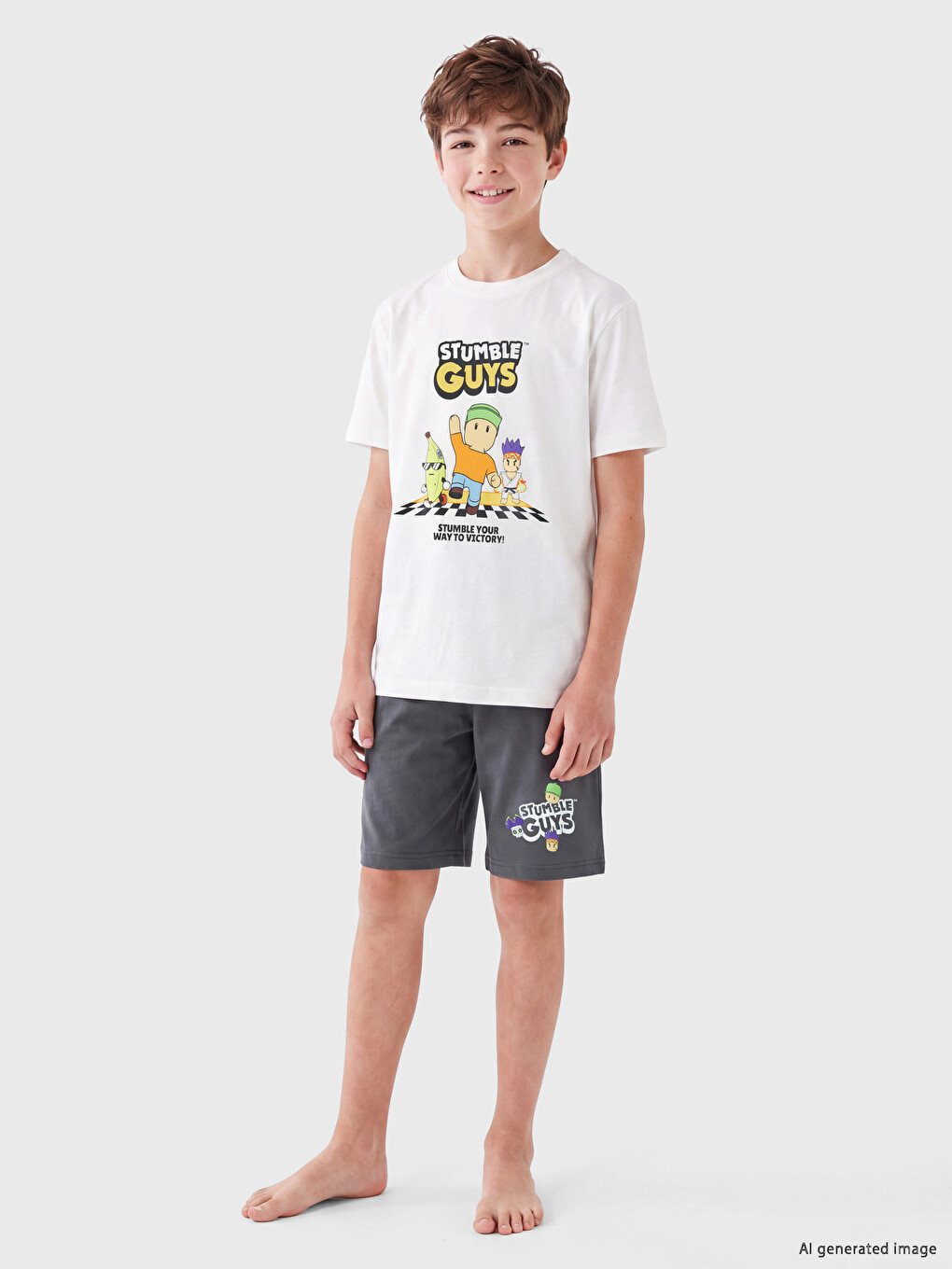 Ekru Stumble Guys Baskılı Erkek Çocuk Şortlu Pijama Takımı