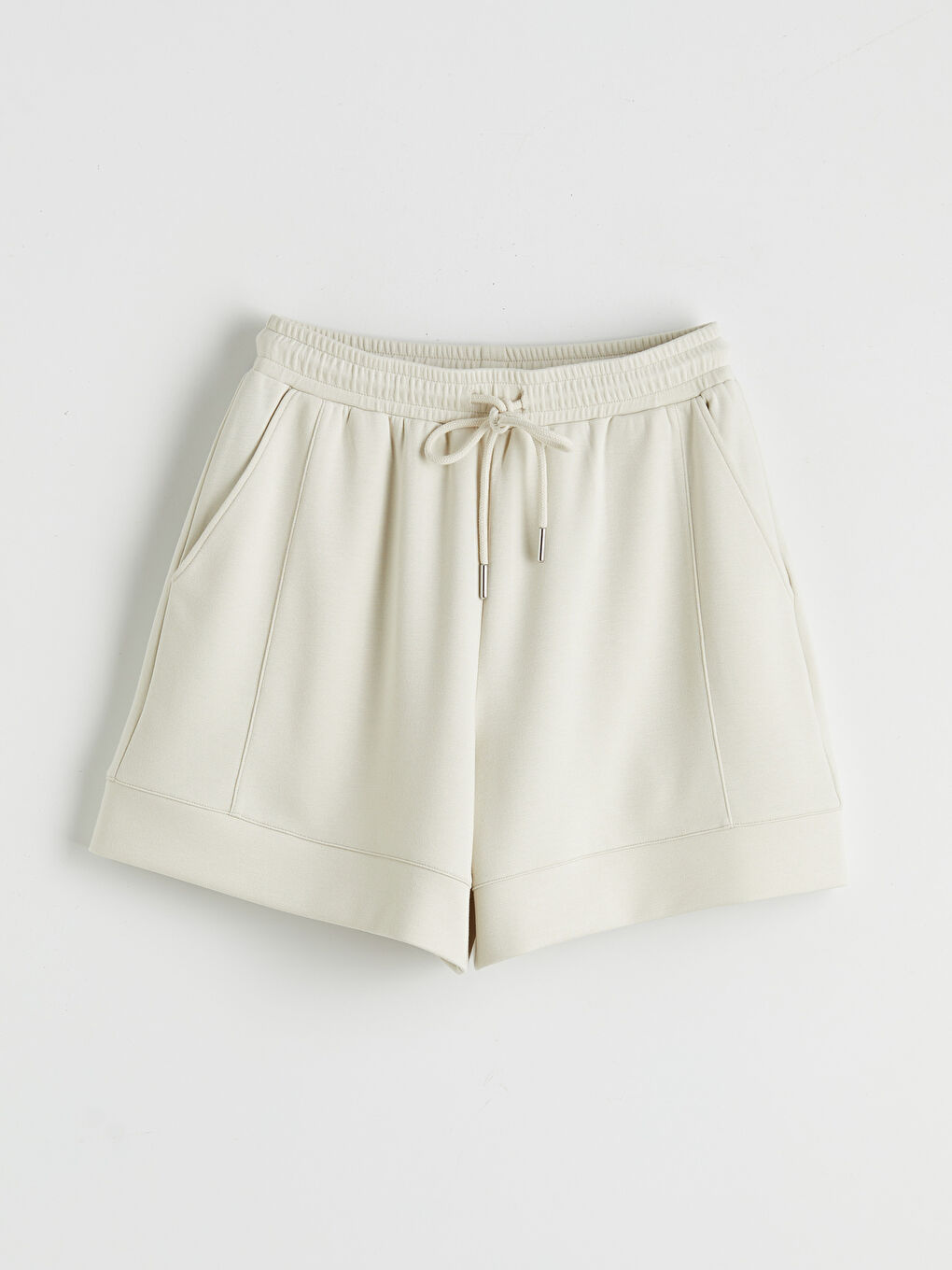 Bej Beli Lastikl Kadın Şort-2