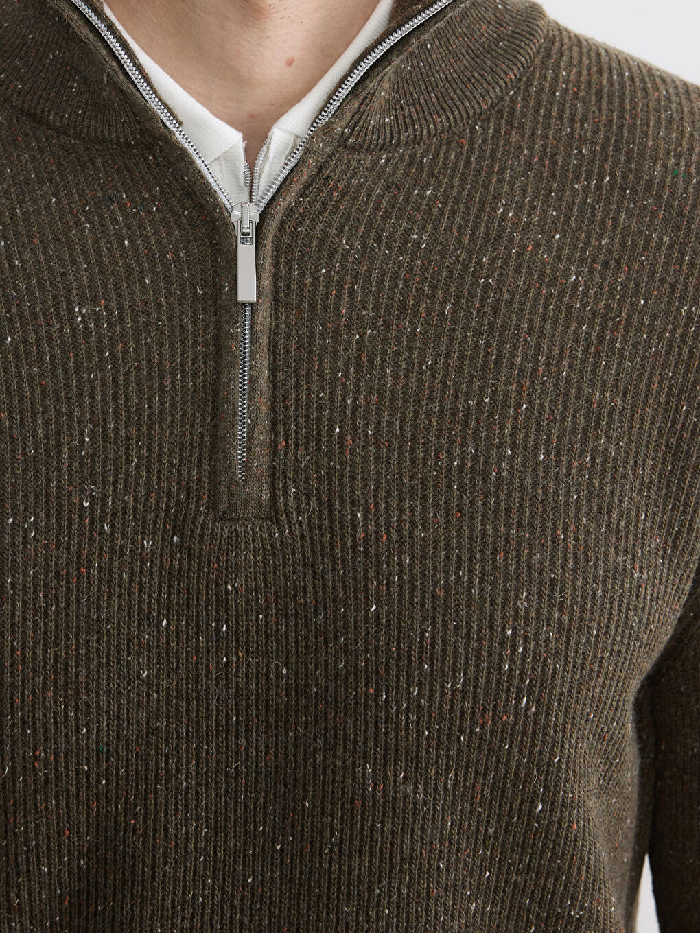 Haki Dik Yaka Yün Karışımlı Erkek Triko Kazak-2