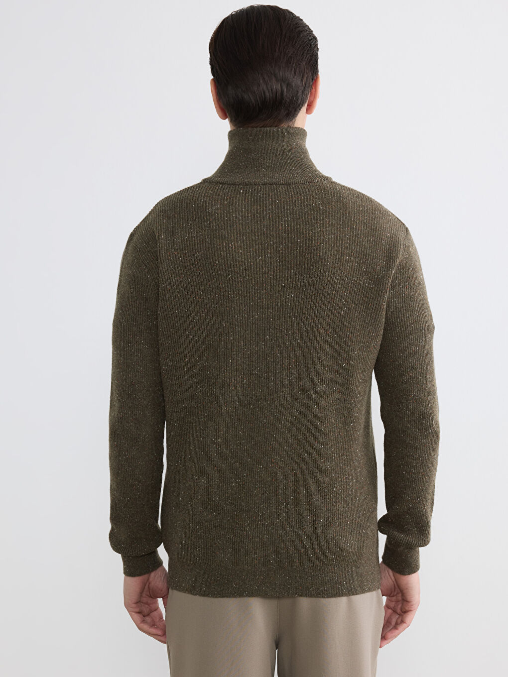 Haki Dik Yaka Yün Karışımlı Erkek Triko Kazak-3