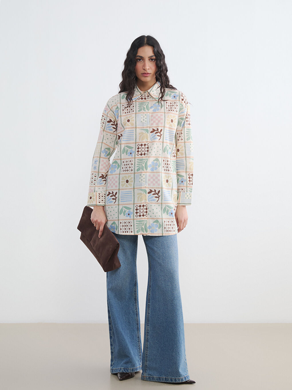Karışık Desenli Oversize Kadın Gömlek Tunik-3