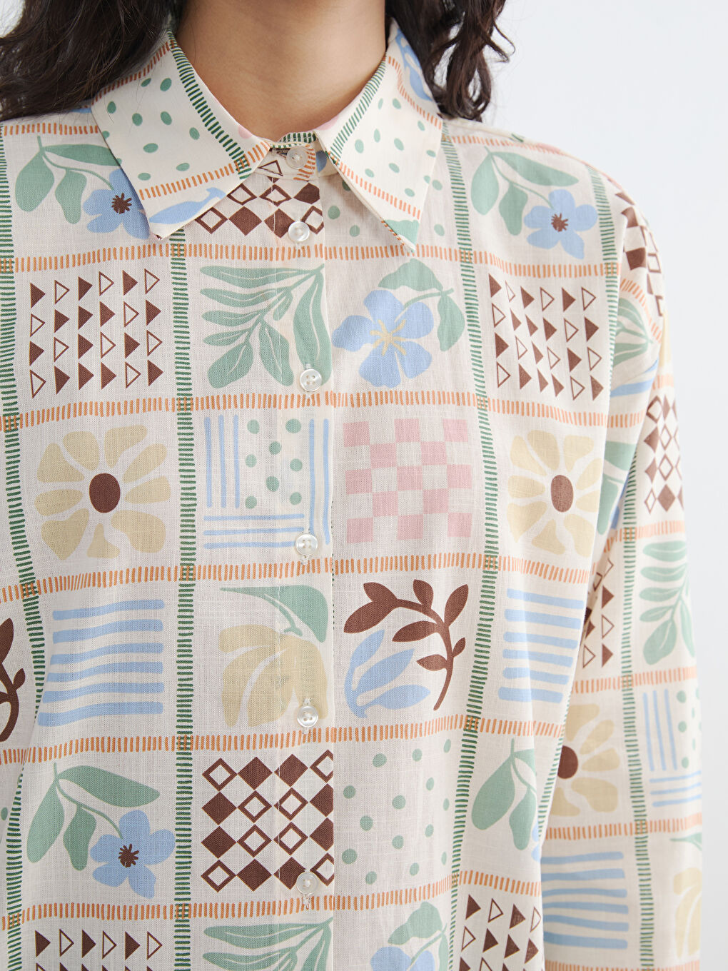 Karışık Desenli Oversize Kadın Gömlek Tunik-4