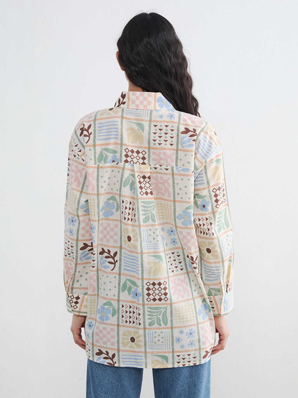 Karışık Desenli Oversize Kadın Gömlek Tunik-5