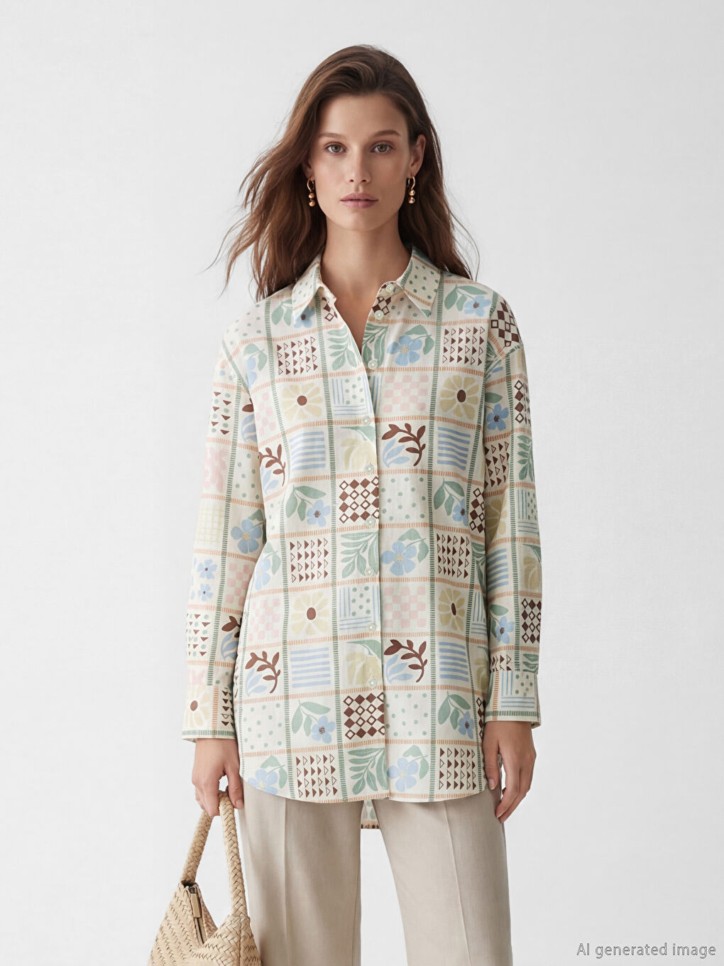 Karışık Desenli Oversize Kadın Gömlek Tunik