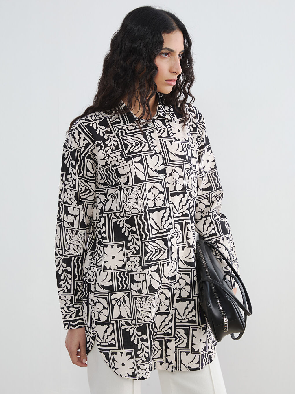 Siyah Desenli Oversize Kadın Gömlek Tunik