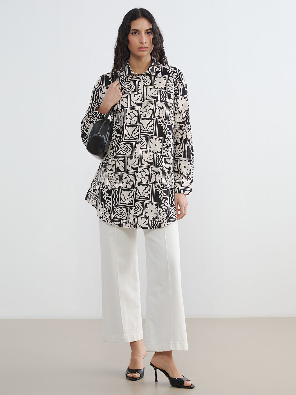 Siyah Desenli Oversize Kadın Gömlek Tunik-1
