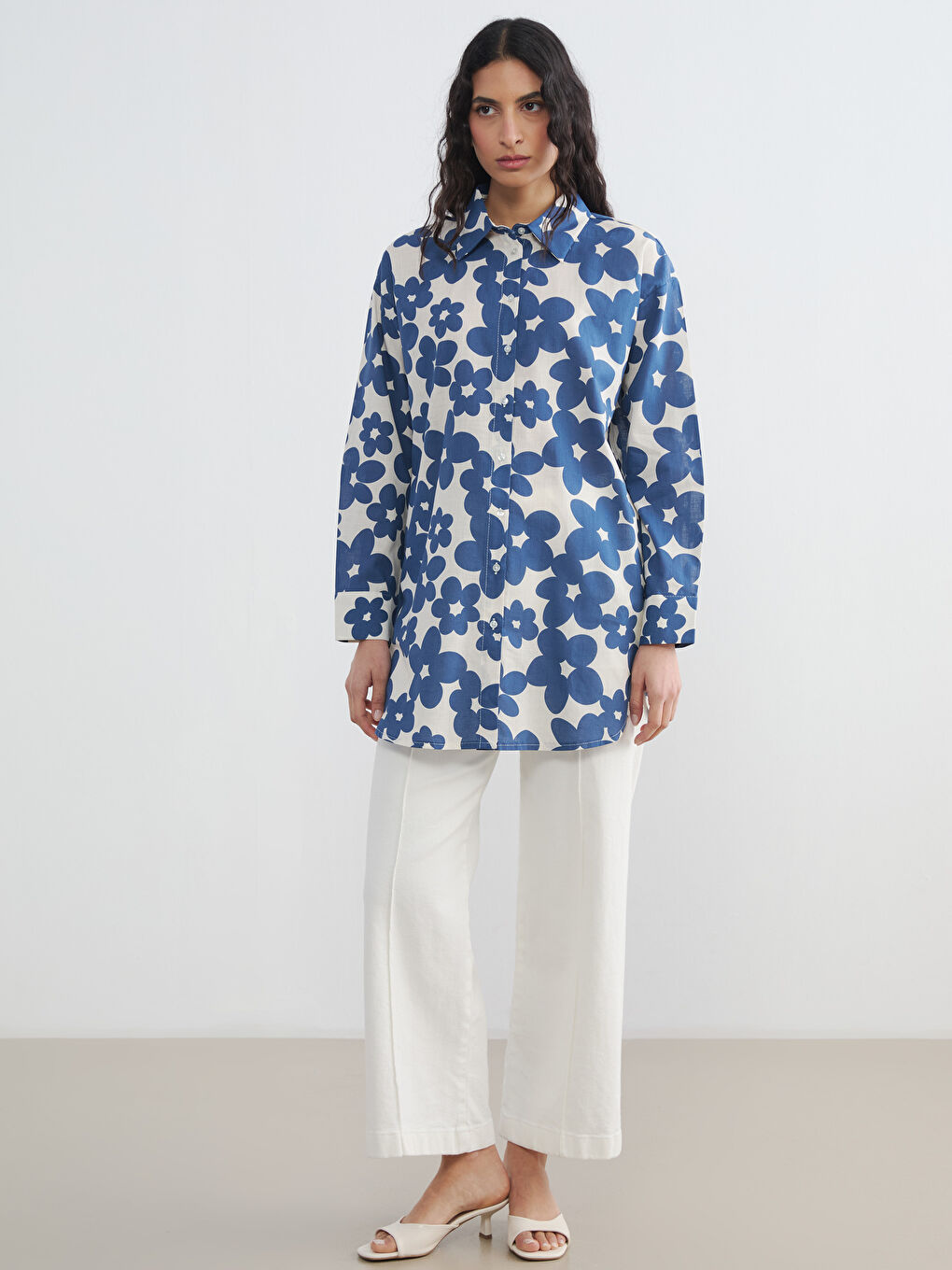Mavi Desenli Oversize Kadın Gömlek Tunik-1