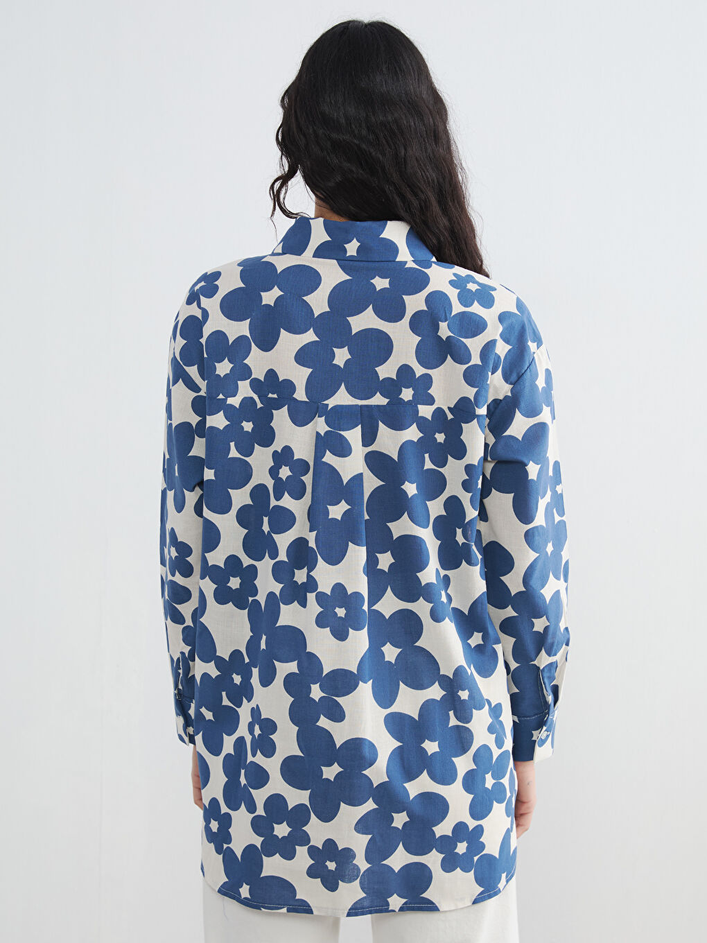 Mavi Desenli Oversize Kadın Gömlek Tunik-3