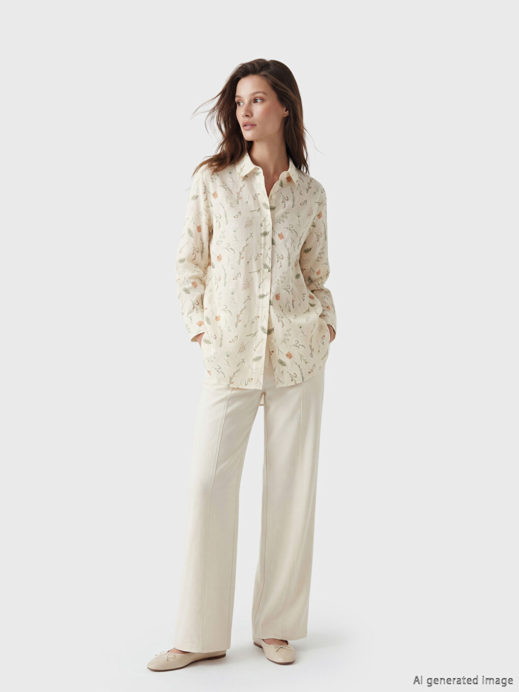 Ekru Desenli Oversize Kadın Gömlek Tunik-1