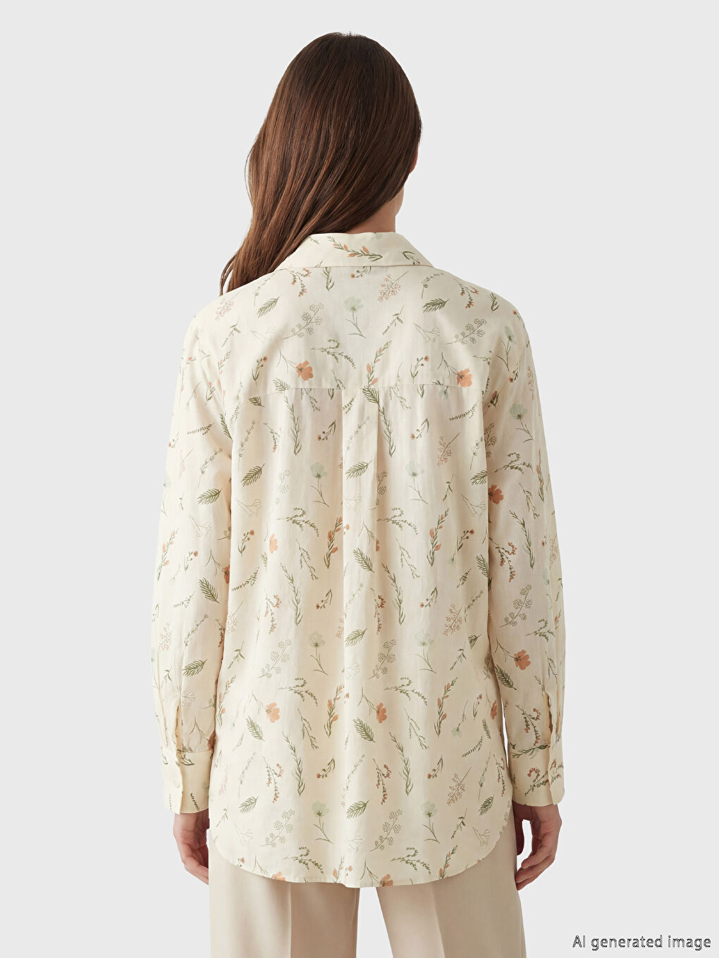 Ekru Desenli Oversize Kadın Gömlek Tunik-3