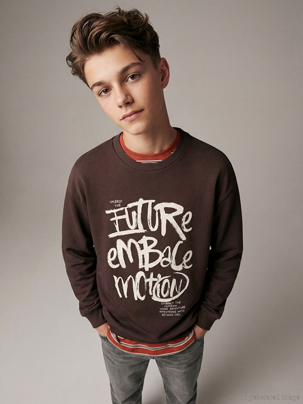 Kahverengi Bisiklet Yaka Baskılı Erkek Çocuk Sweatshirt