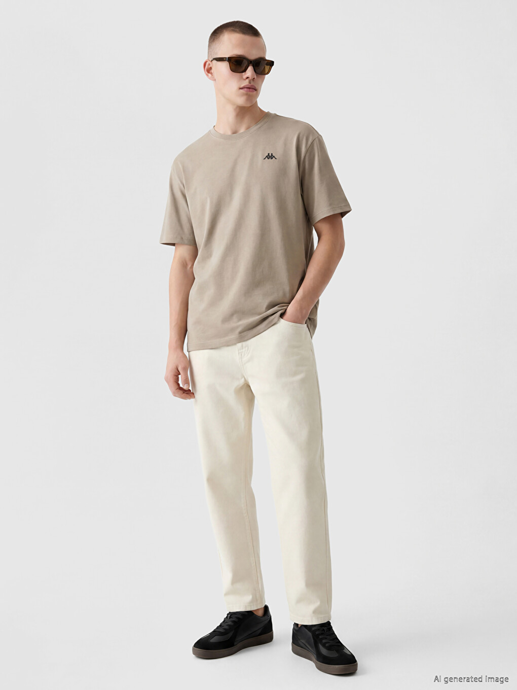 Bej Bisiklet Yaka Baskılı Unisex Spor Tişört-1