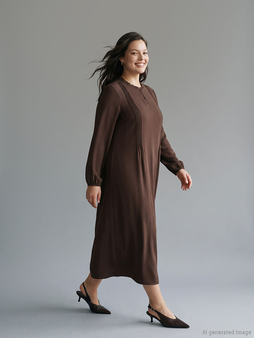 Kahverengi Hakim Yaka Dikiş Detaylı Elbise