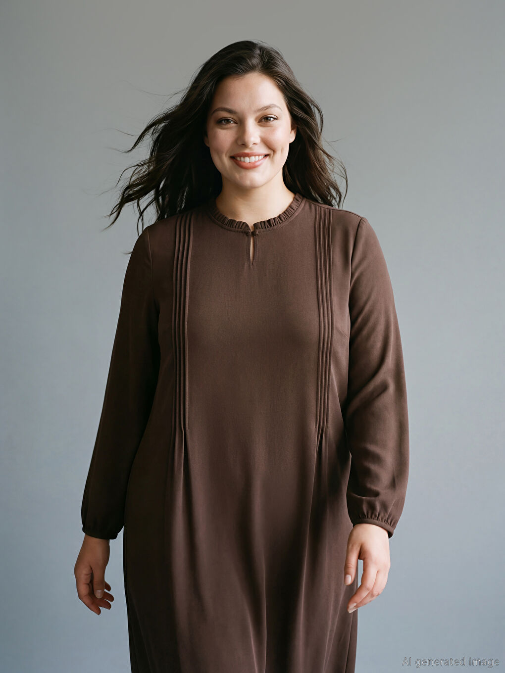 Kahverengi Hakim Yaka Dikiş Detaylı Elbise-1