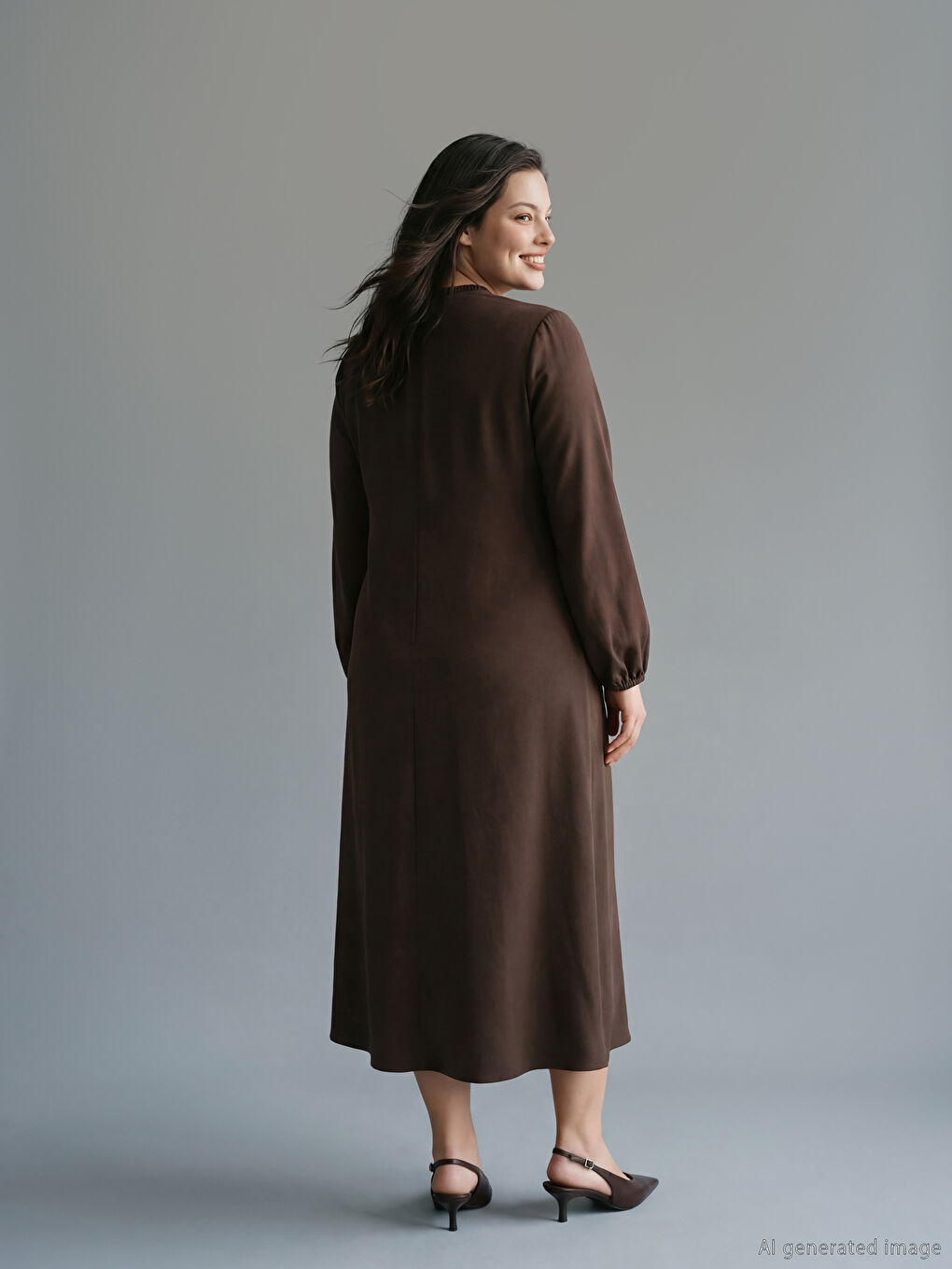 Kahverengi Hakim Yaka Dikiş Detaylı Elbise-2