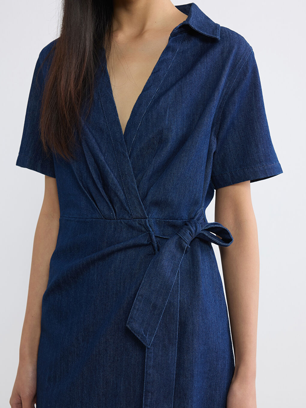 İndigo  Gömlek Yaka Kuşaklı Jean Elbise-2