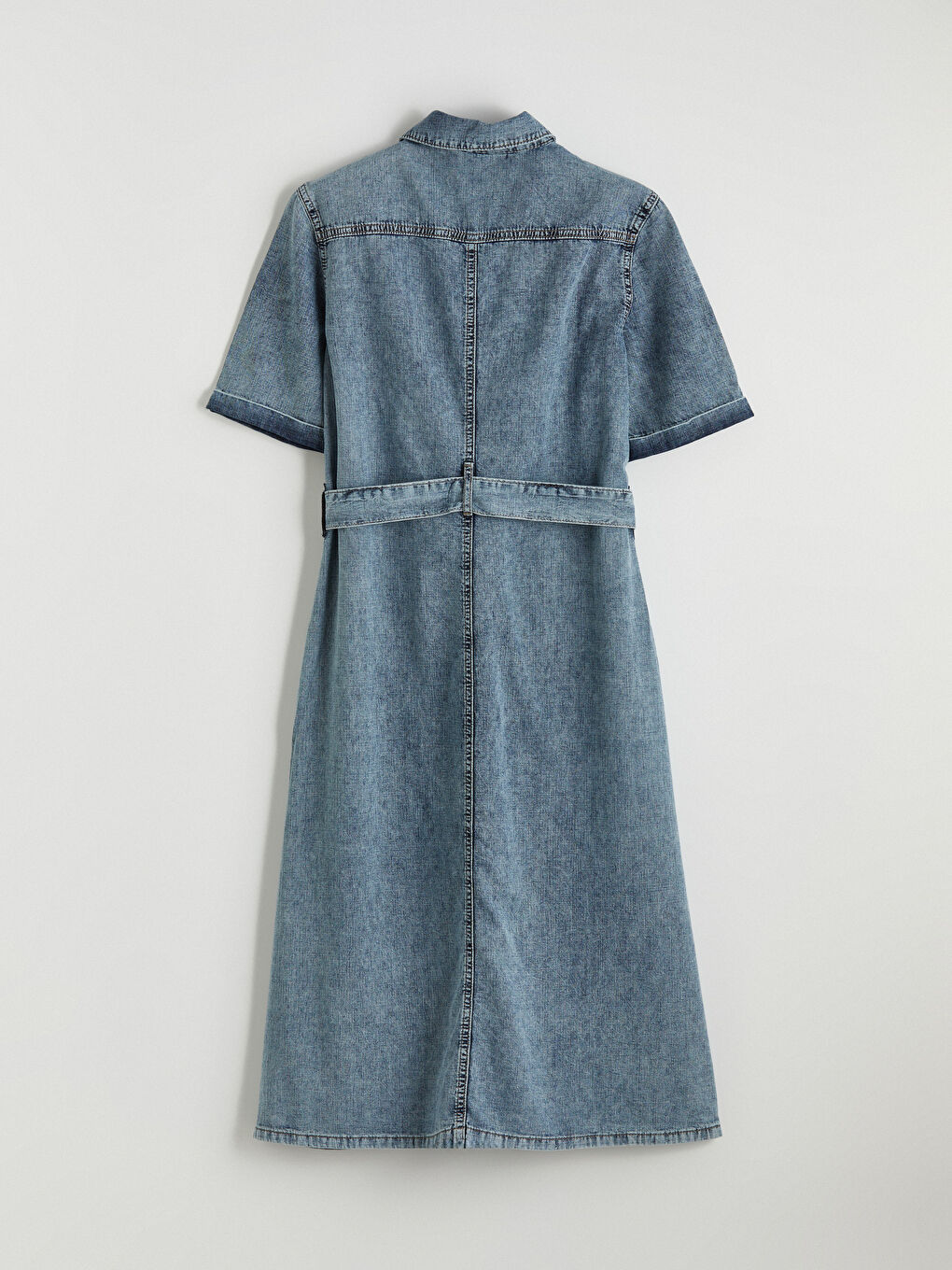 İndigo Gömlek Yaka Beli Kuşaklı Jean Elbise-6