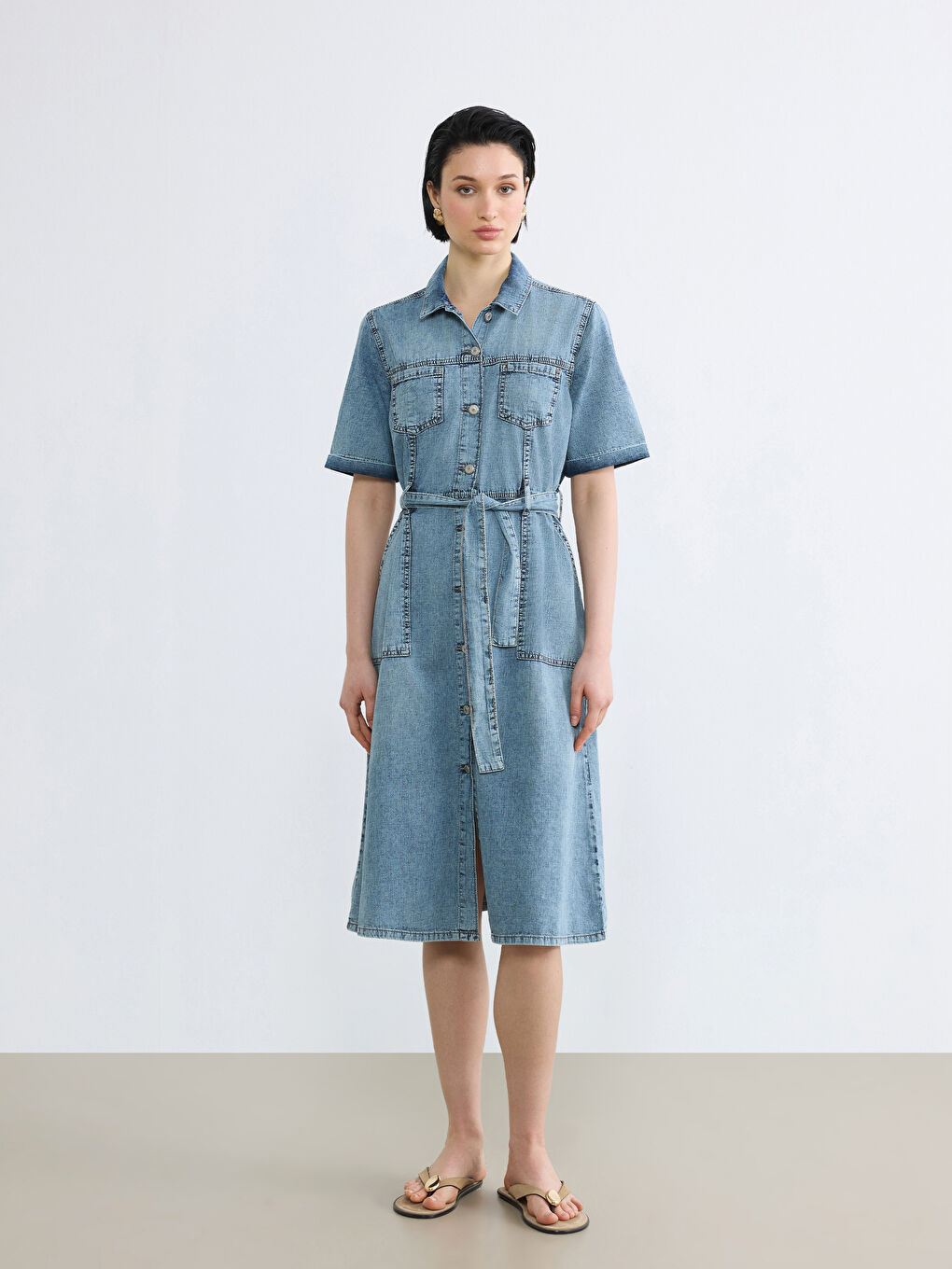İndigo Gömlek Yaka Beli Kuşaklı Jean Elbise-1