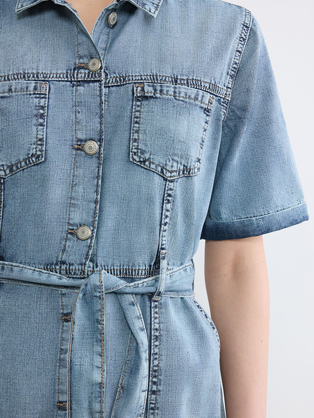 İndigo Gömlek Yaka Beli Kuşaklı Jean Elbise-2