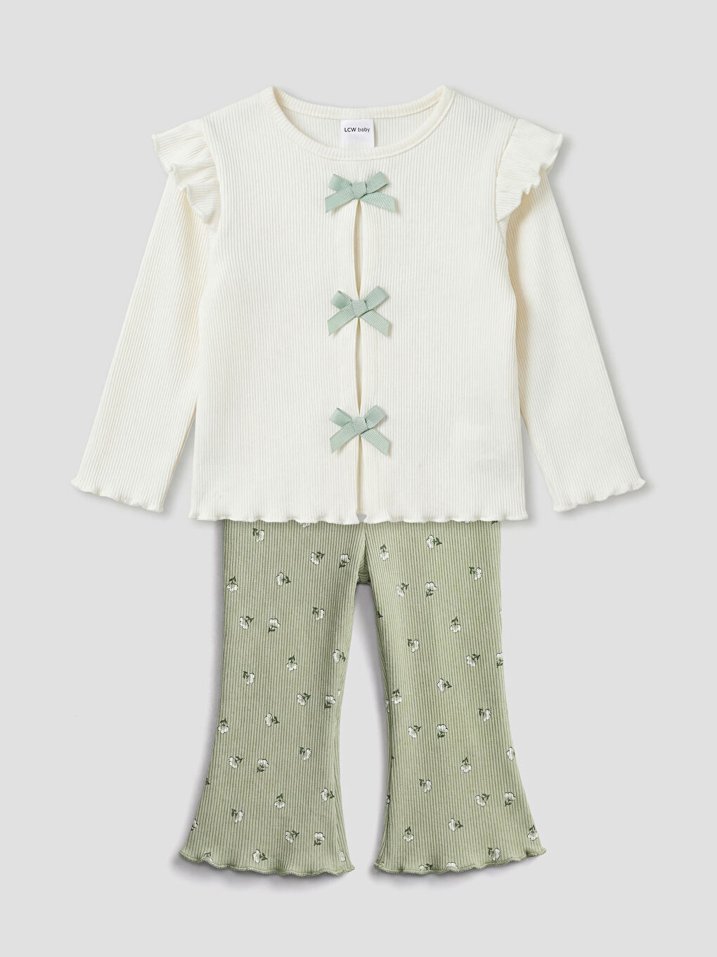 Ekru Fiyonklu Kız Bebek Tişört ve Tayt