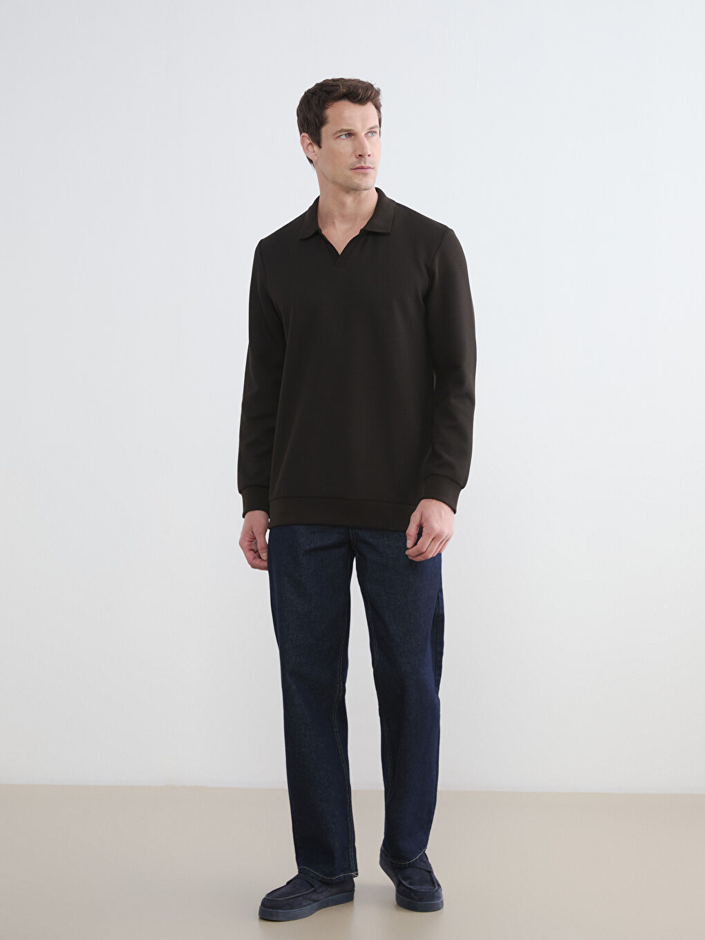 Kahverengi Polo Yaka Erkek Sweatshirt-1