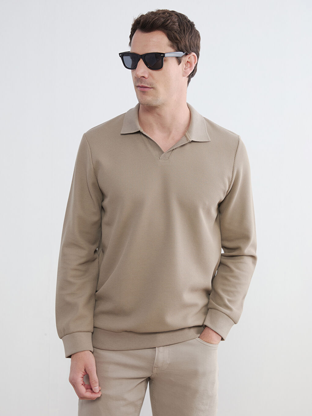 Bej Polo Yaka Erkek Sweatshirt